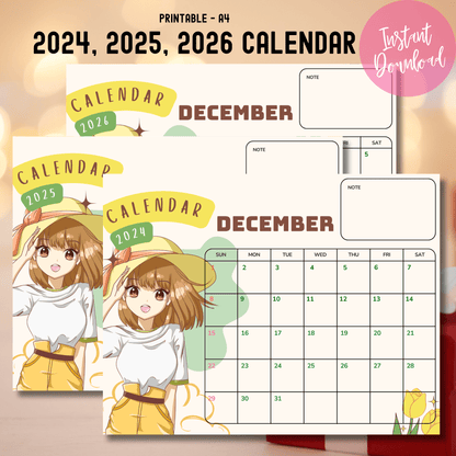 Product cover displaying December 2024-2026 calendars with instant download badge, featuring anime character in casual style and A4 size specification