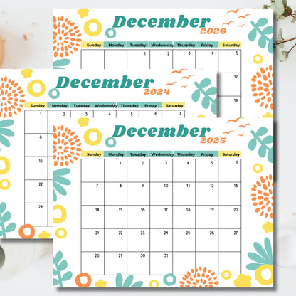 Three December monthly calendars for 2024-2026 with modern floral accents in mint and orange, clean white background with minimalist design.