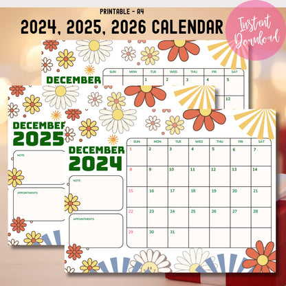 Product title page showing December calendars 2024-2026 with instant download badge, A4 size specification, and retro flower design