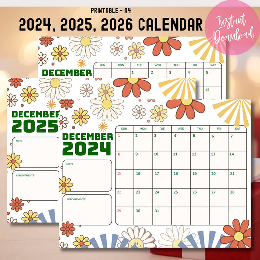 Product title page showing December calendars 2024-2026 with instant download badge, A4 size specification, and retro flower design