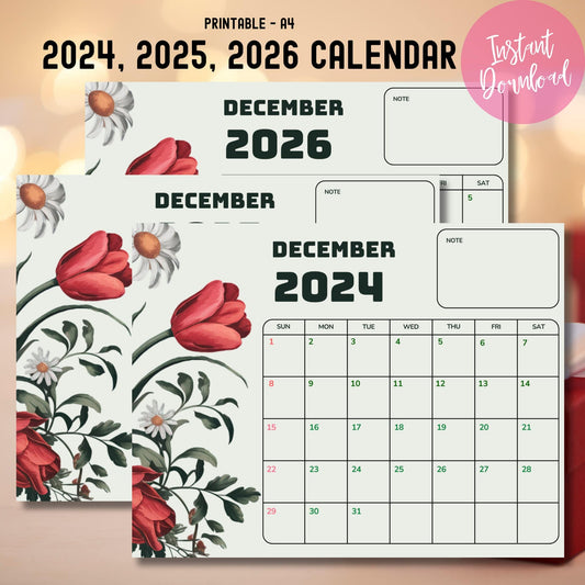 Product cover showing December 2024-2026 calendars with instant download badge, featuring tulip and daisy design with A4 size specification