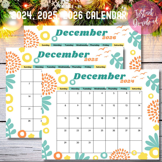 Instant download promotional image of December 2024-2026 calendars with festive Christmas lights background, featuring modern turquoise and orange design elements.