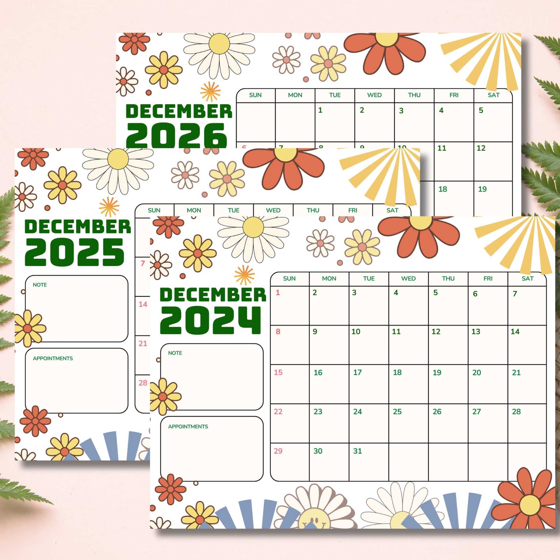 Stacked view of December calendars 2024-2026 showing month layouts with retro daisy design and appointment sections