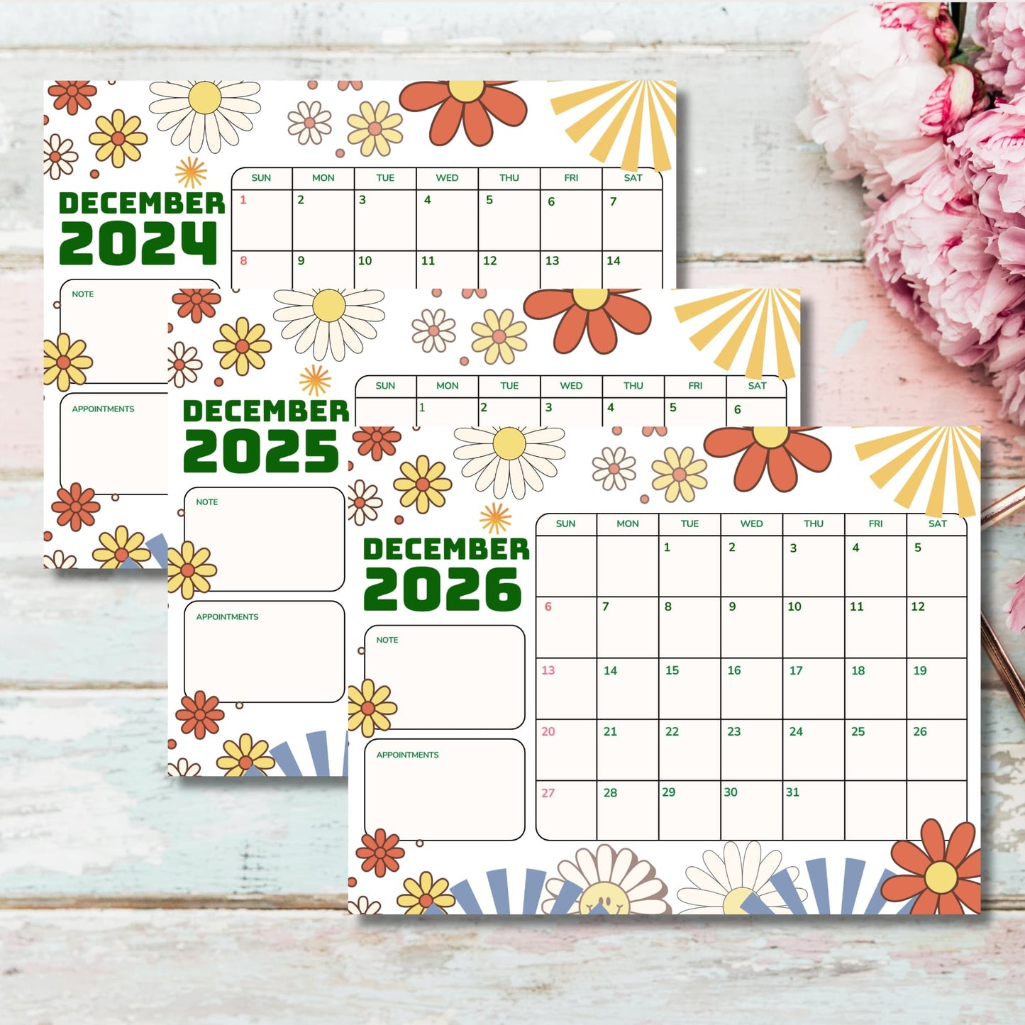 December calendars for 2024-2026 displayed with pink peonies on white rustic background, showing floral design and organization sections