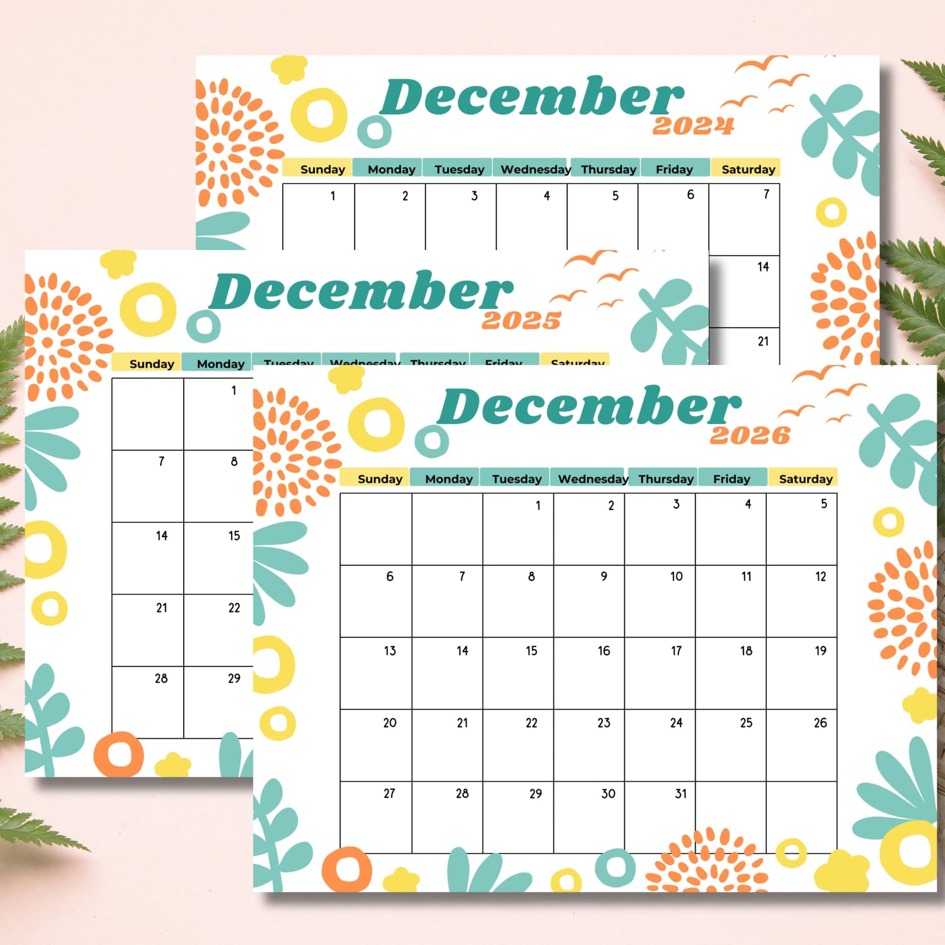 Staggered view of December 2024-2026 calendars featuring cheerful mint green and coral design elements with decorative leaves and circles, landscape orientation.