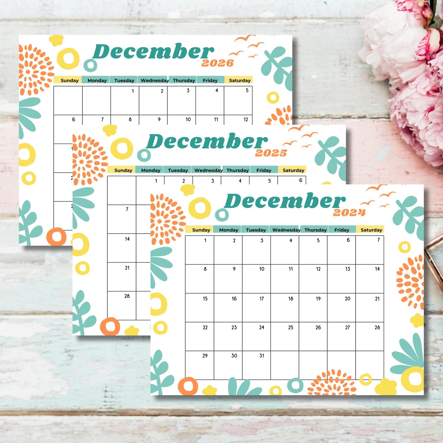 December calendar collection arranged with pink peonies, featuring playful mint green headers and coral sunburst patterns on white rustic background.