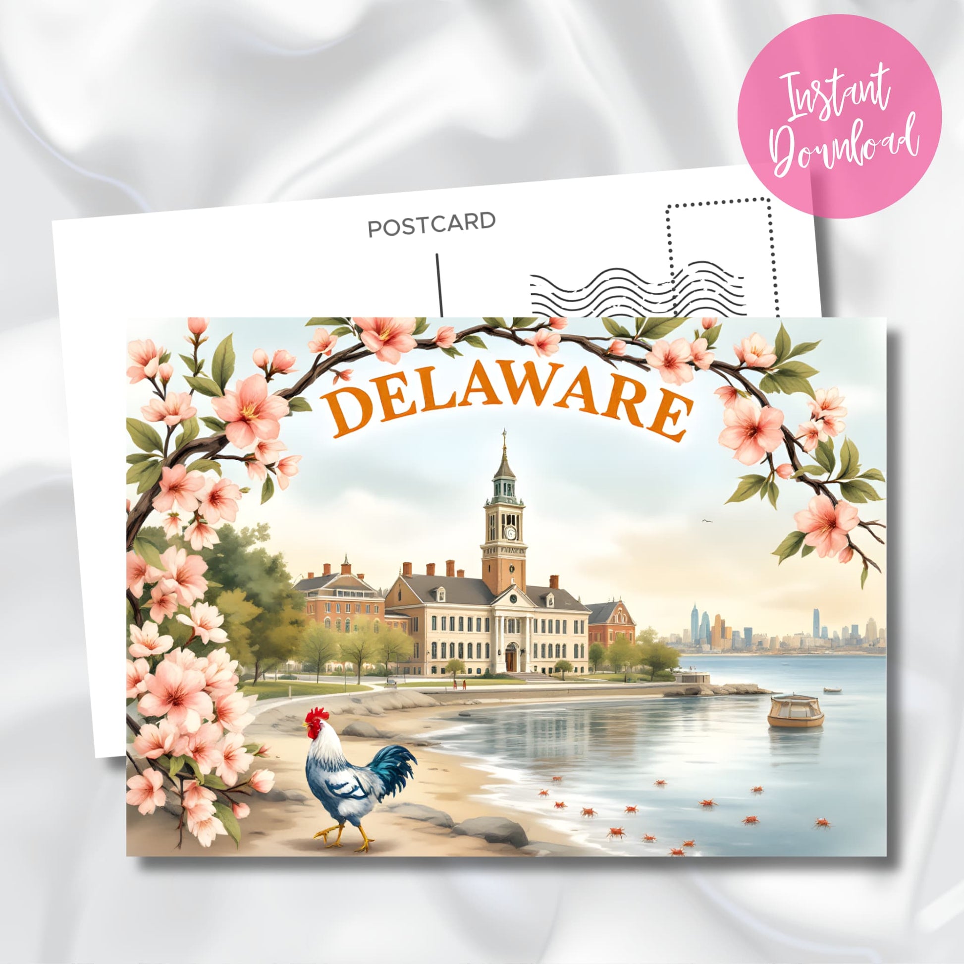 Instant download preview of Delaware historical scene featuring colonial waterfront buildings, blooming cherry blossoms, proud blue rooster, and distant city skyline in vintage travel poster style