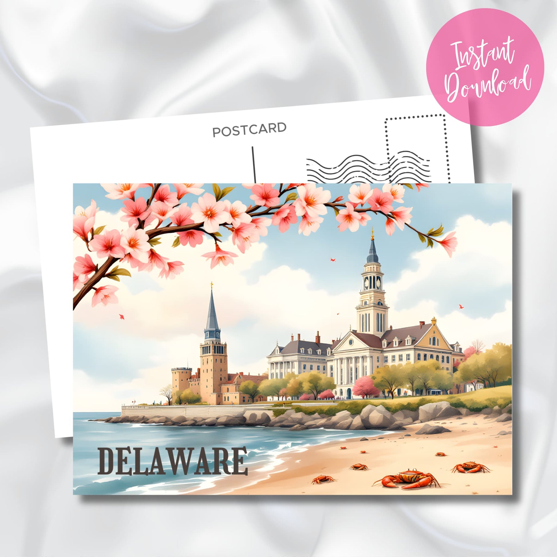 Digital download preview of Delaware beach scene with blooming cherry blossoms, historic seaside architecture, and red crabs on sandy shore, with instant download badge