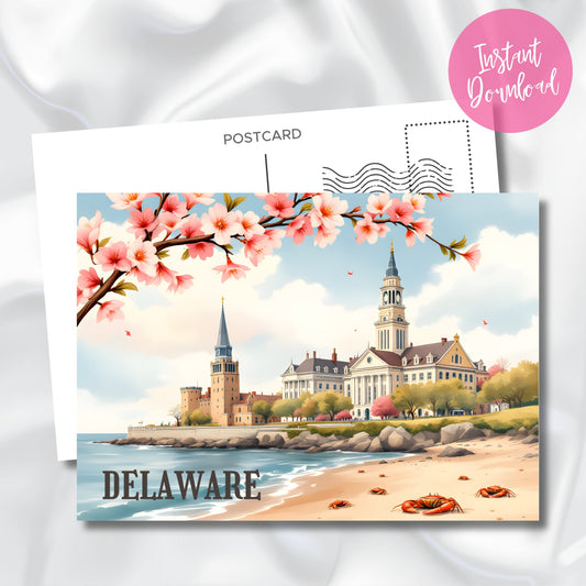 Digital download preview of Delaware beach scene with blooming cherry blossoms, historic seaside architecture, and red crabs on sandy shore, with instant download badge