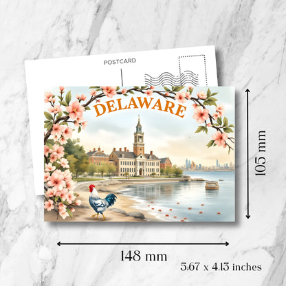 Delaware waterfront postcard size specifications (148x105mm) showcasing colonial buildings, cherry blossom arch, majestic blue rooster, and historic architecture with vintage postmark template