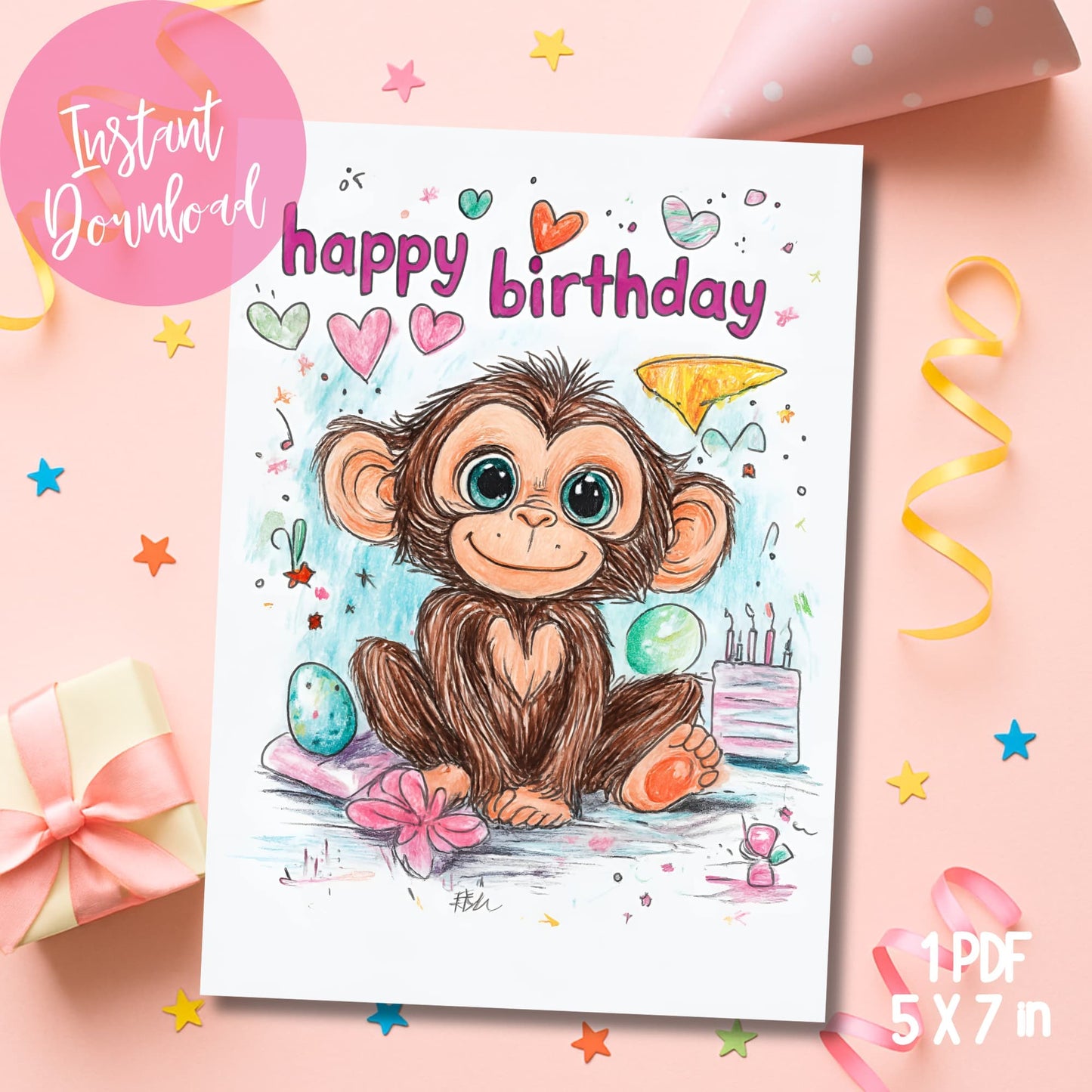 Digital monkey birthday card with pink ribbons, stars, and party streamers for kids celebration
