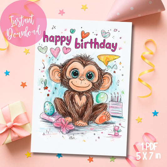 Digital monkey birthday card with pink ribbons, stars, and party streamers for kids celebration