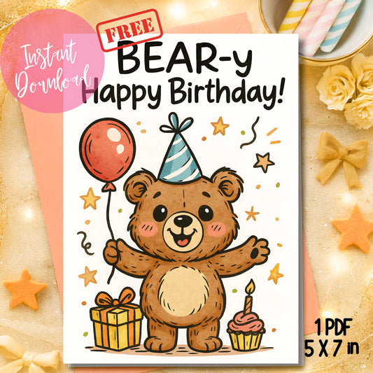 Digital BEAR-y birthday greeting card PDF with party supplies displayed with yellow bow and stars