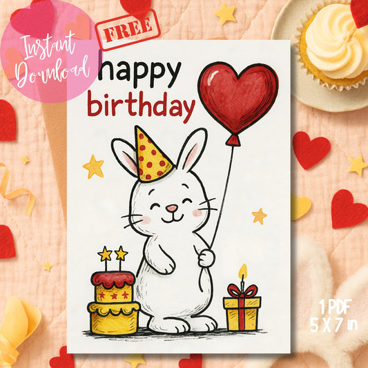 Digital bunny greeting card PDF with party hat shown with red hearts and vanilla cupcake