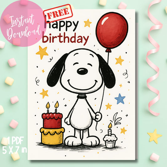 Digital dog birthday card PDF with red balloon surrounded by pink marshmallows and party ribbons