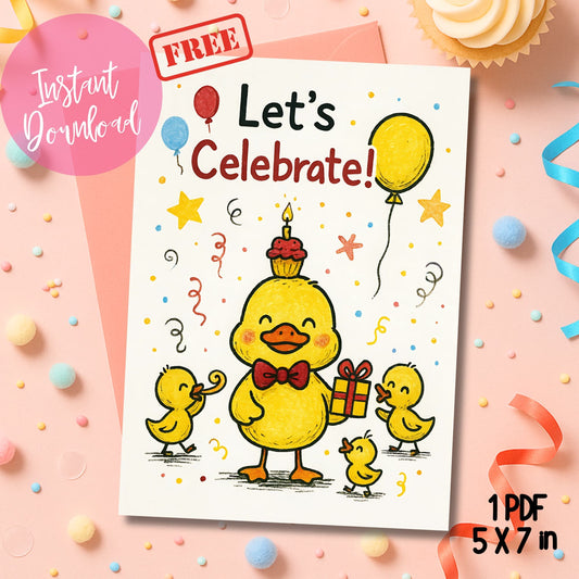 Digital duck greeting card PDF with balloons shown with vanilla cupcakes and colorful confetti