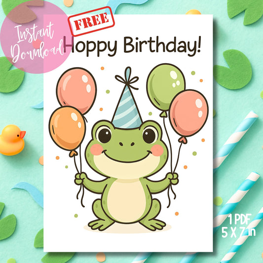 Digital frog birthday card PDF with balloons shown with yellow rubber duck and striped straws