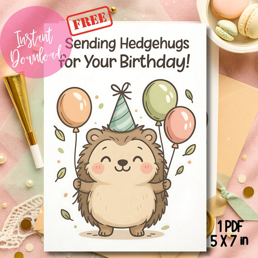 Digital Hedgehugs greeting card PDF for kids party displayed with colorful macarons and gold pen