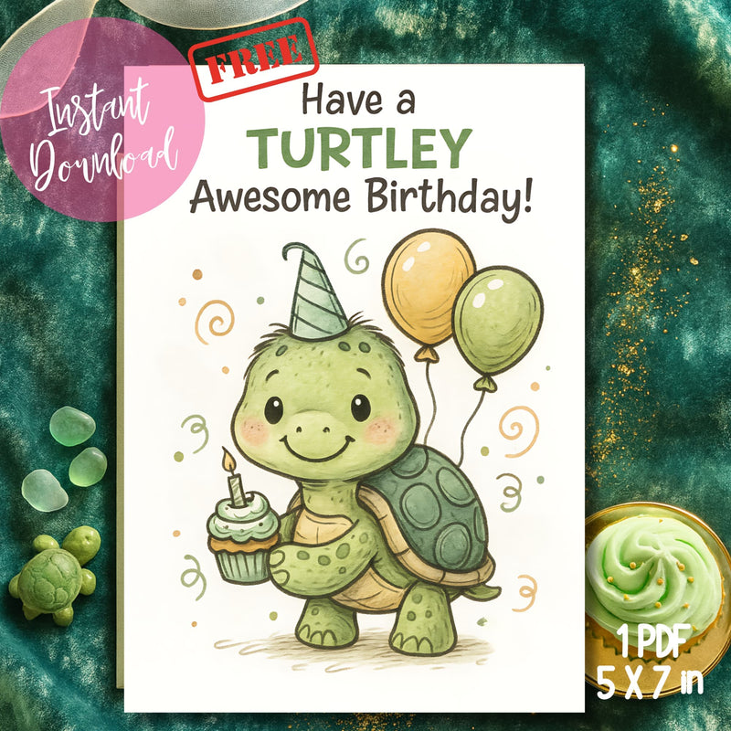 Digital TURTLEY Awesome greeting card PDF for kids party on emerald background with green cupcake