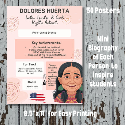 Mini-biography poster of Dolores Huerta highlighting her work as a labor leader and civil rights activist