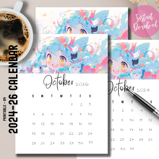 Set of printable October 2024-2026 calendars with cute anime-style artwork, shown with coffee cup and pen, emphasizing the free download and instant accessibility for school planning.