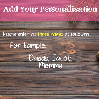 Personalization instructions on wood background showing example names 'Daddy, Jacob, Mommy' with 'three names' highlighted in yellow and pink header 'Add Your Personalisation