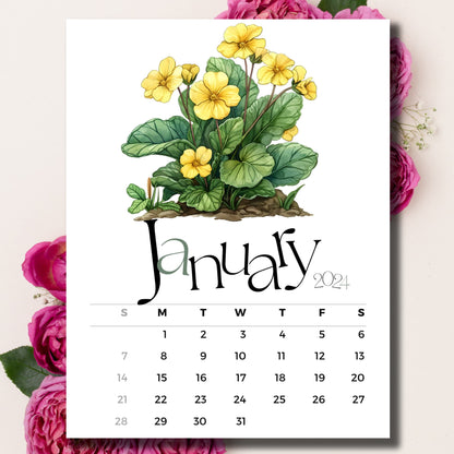 Early Primrose floral January 2024 calendar on beige background with pink peonies.