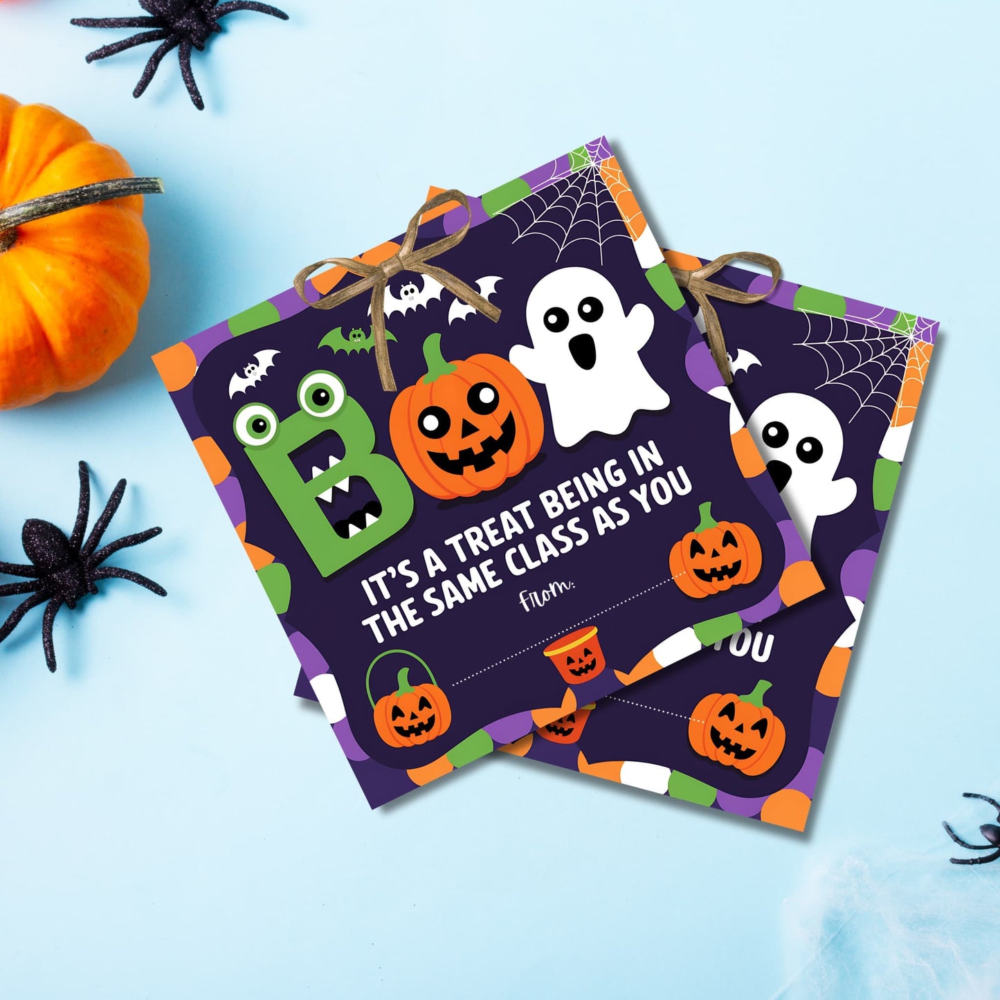 Halloween BOO appreciation tags with adorable monster, pumpkin, and ghost characters, showcased on light blue background with spooky decorations