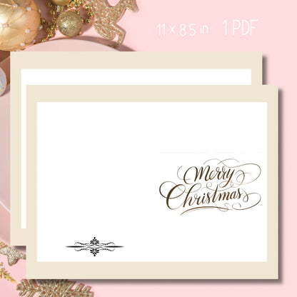 Modern calligraphy Christmas card with decorative border, 11x8.5 inch format shown on cream paper with gold ornaments and festive decorations on pink background