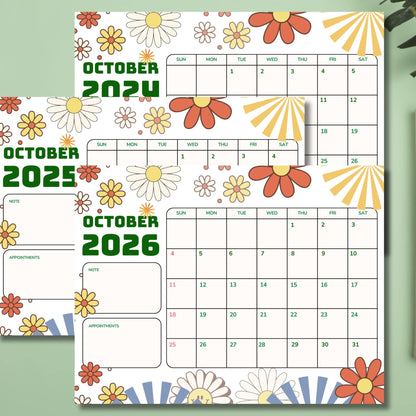 Printable A4 October calendars for 2024-2026 with retro floral illustrations, showcased on a green background.