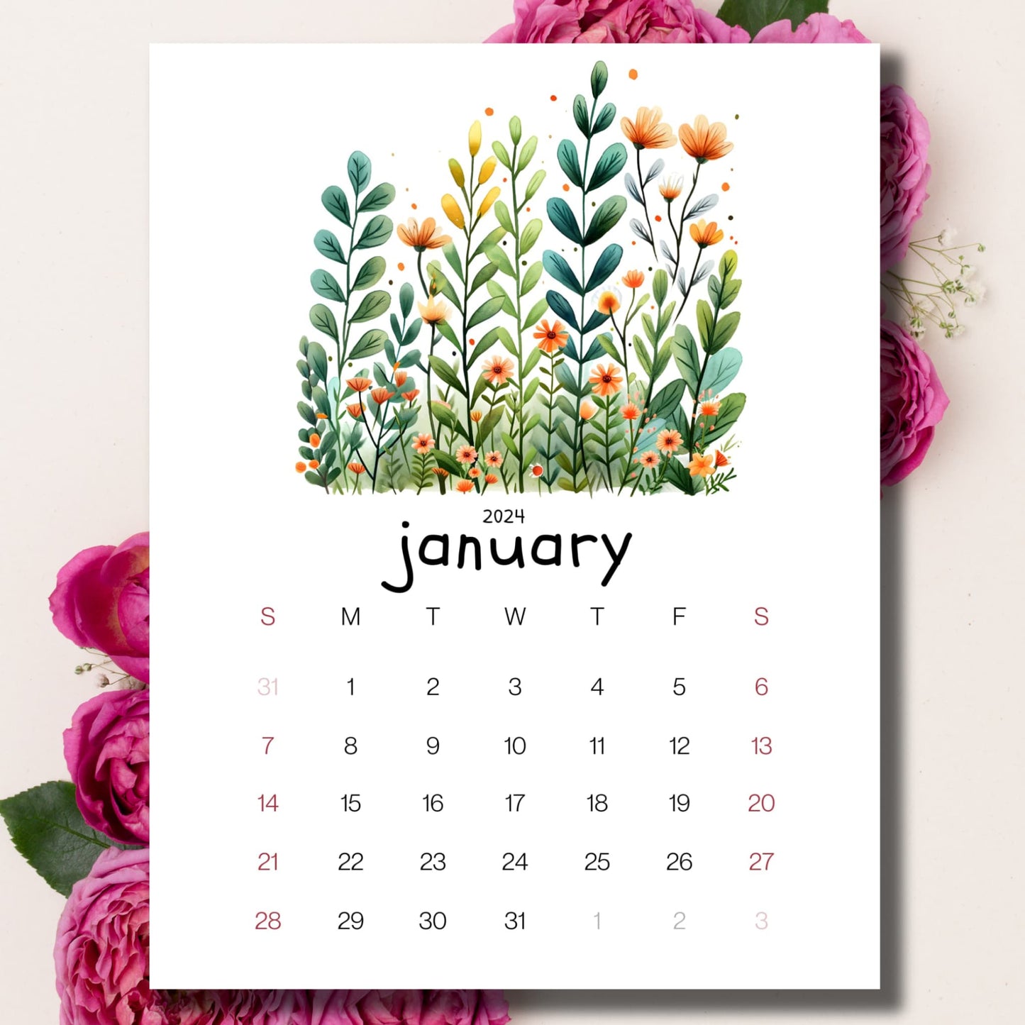 Evergreen Embrace January 2024 calendar laid on a beige background with pink peonies.