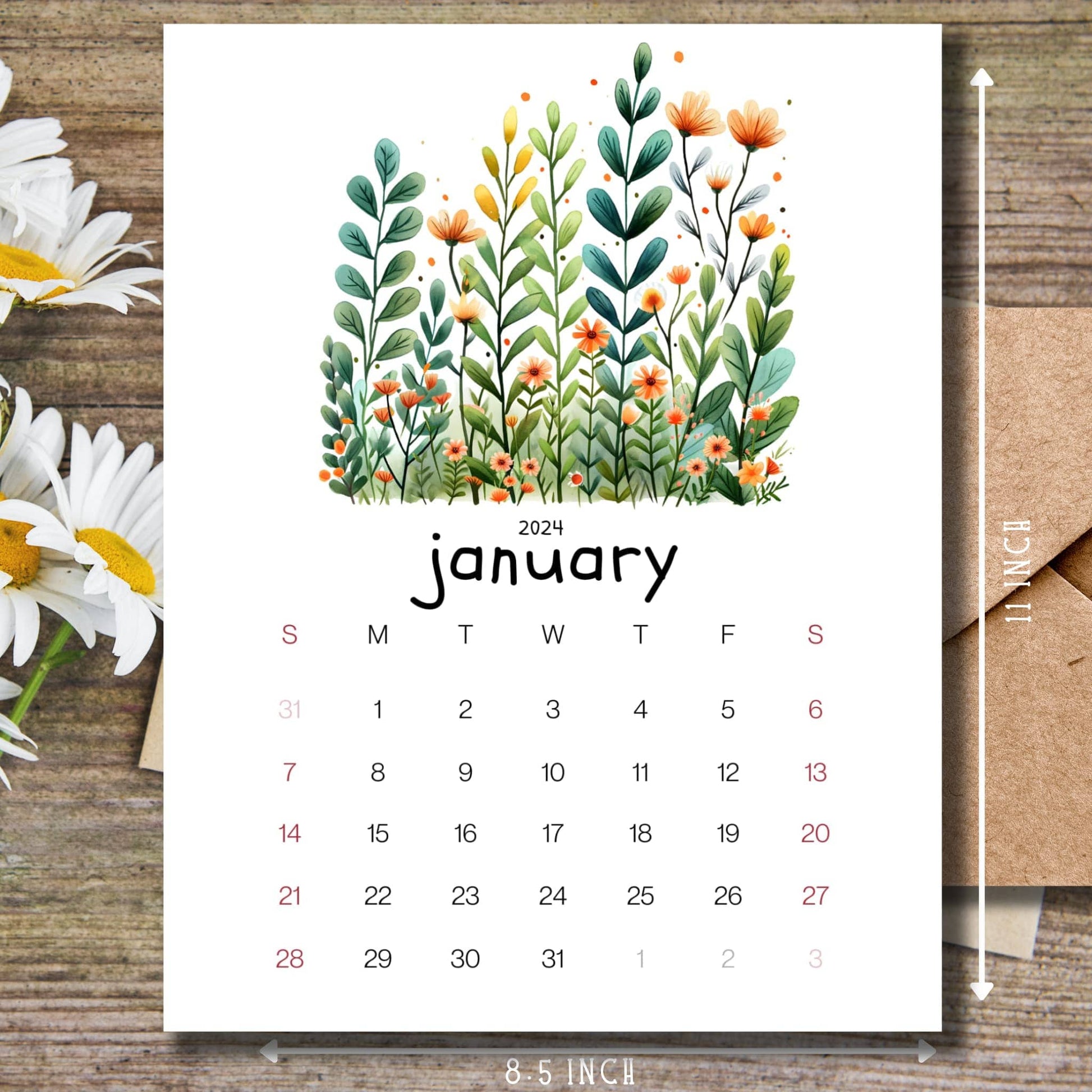 Evergreen Embrace January 2024 calendar on a wooden desk with white flowers and size guide.