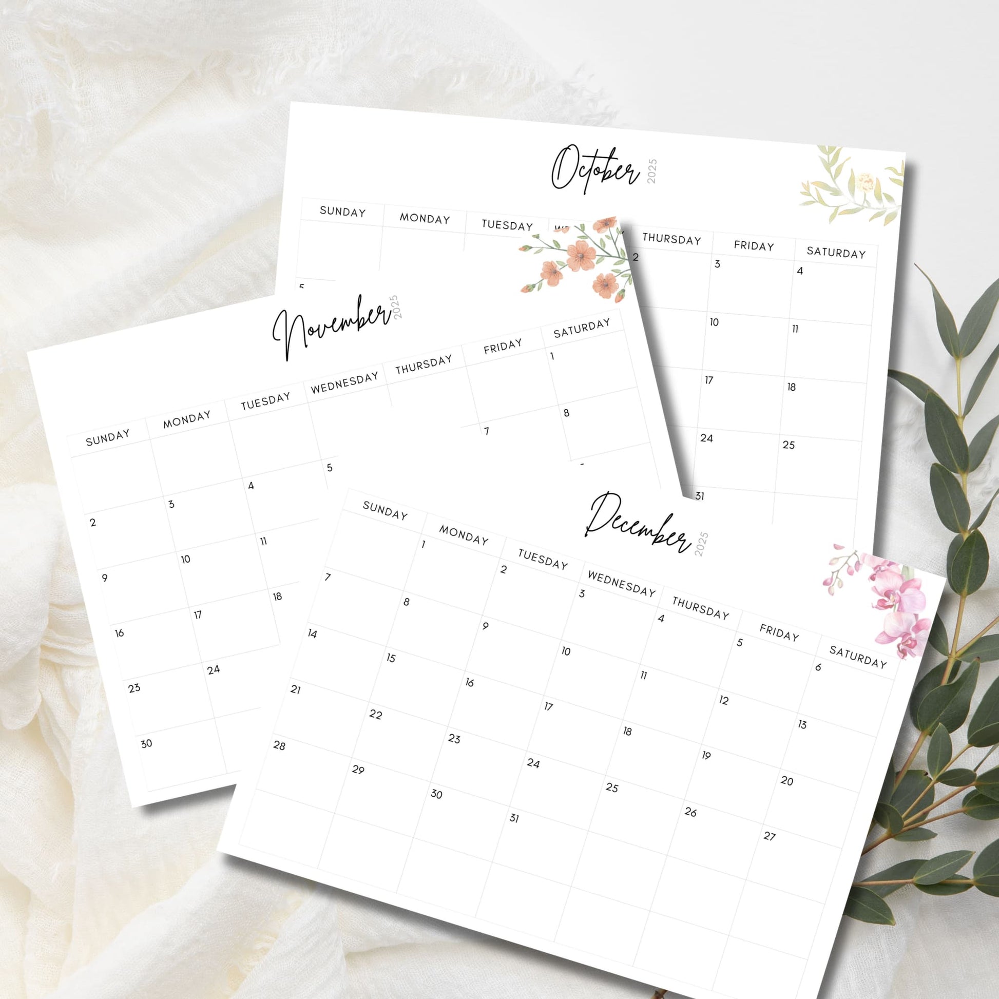 October through December 2025 calendar pages featuring minimalist design, elegant script lettering, and subtle watercolor florals in peach and pink, styled with eucalyptus