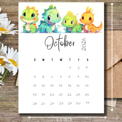 Close-up of October 2026 calendar page with pastel dinosaur illustrations, 8.5 x 11 inch size, displayed on wooden surface with daisy flowers, highlighting its suitability for students and teachers.