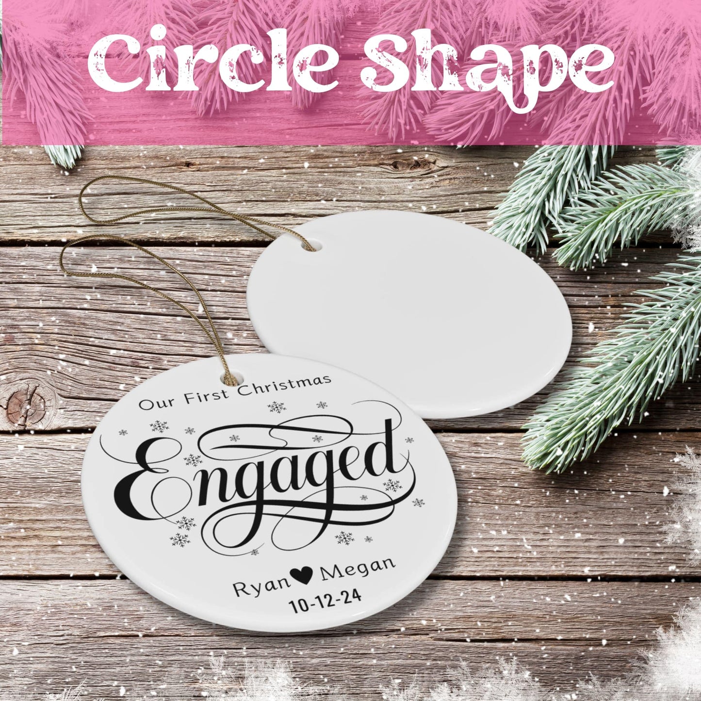 Black White 1st Christmas Engaged Circle Ceramic Ornament for Christmas 2024 (3mm) | Mariage Proposal Gift for Couples| Custom Names & Dated Ornament