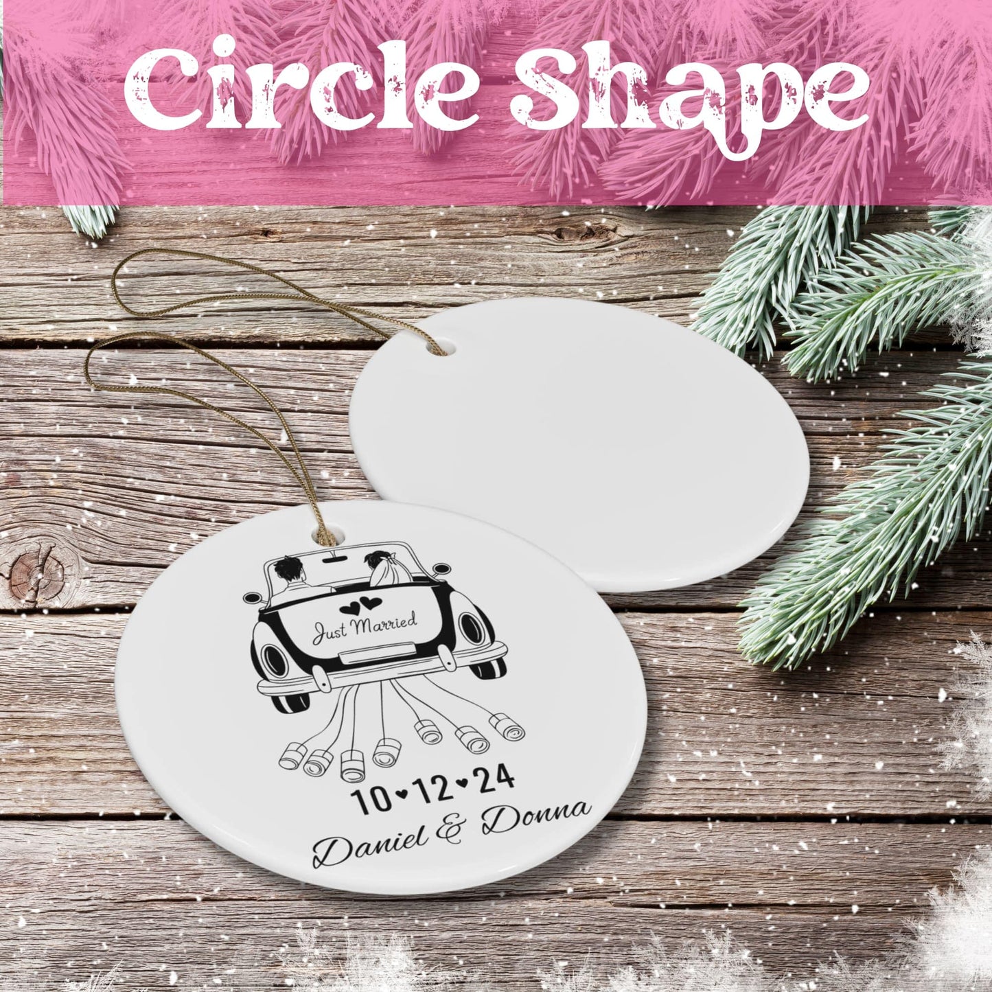 Black White Minimalist Custom Mr and Mrs Flat 1st Christmas Together Circle Ceramic Ornament 2024 (3mm) | Newly Weds Christmas Gift | Bridal Shower Keepsake