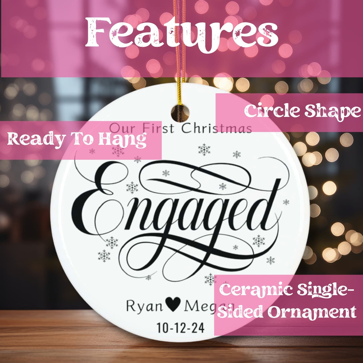 Black White 1st Christmas Engaged Circle Ceramic Ornament for Christmas 2024 (3mm) | Mariage Proposal Gift for Couples| Custom Names & Dated Ornament