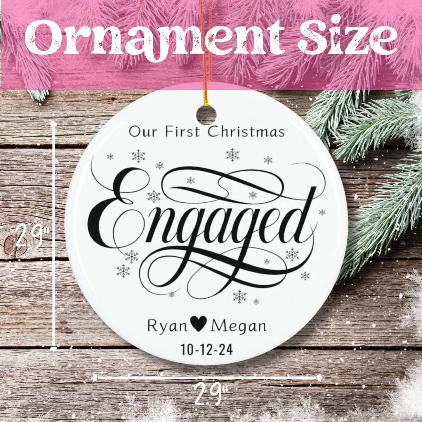 Black White 1st Christmas Engaged Circle Ceramic Ornament for Christmas 2024 (3mm) | Mariage Proposal Gift for Couples| Custom Names & Dated Ornament