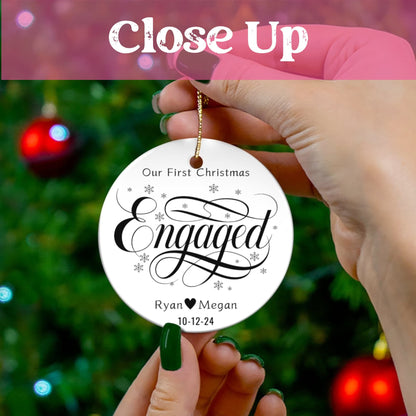 Black White 1st Christmas Engaged Circle Ceramic Ornament for Christmas 2024 (3mm) | Mariage Proposal Gift for Couples| Custom Names & Dated Ornament