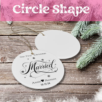 White Black Custom Mr and Mrs Flat 1st Christmas Together Circle Ceramic Ornament 2024 (3mm) | First Year Weeding Keepsake, Custom Names & Dated Ornament