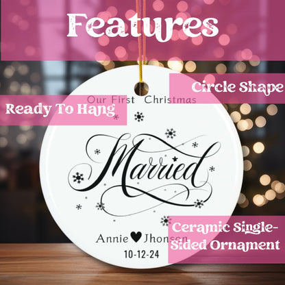 White Black Custom Mr and Mrs Flat 1st Christmas Together Circle Ceramic Ornament 2024 (3mm) | First Year Weeding Keepsake, Custom Names & Dated Ornament