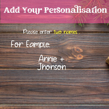 Personalization instructions for Christmas ornament showing example names 'Annie + Jhonson' on wooden background with text 'Please enter two names' highlighted in yellow