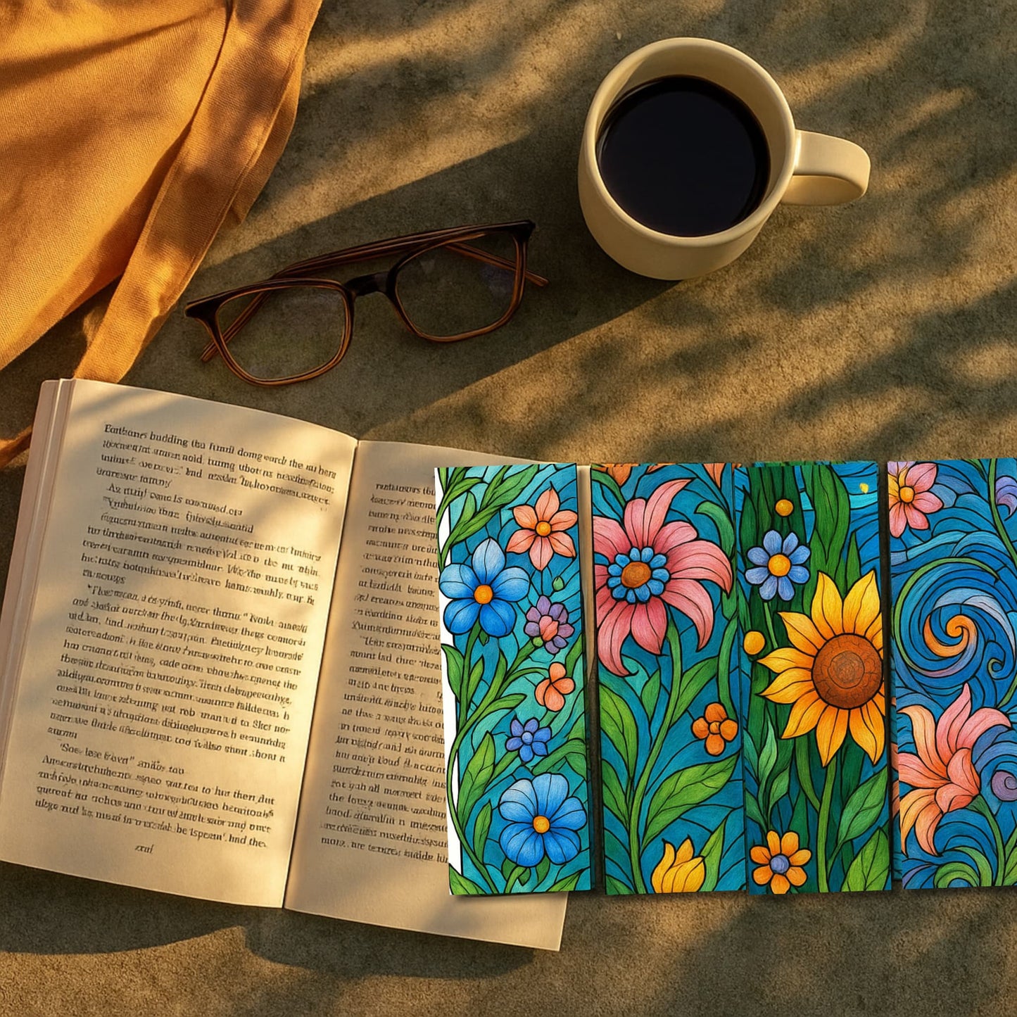 Stained glass floral bookmarks beside open book with coffee cup and reading glasses in warm light