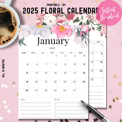 A4 printable 2025 floral calendar cover featuring January preview, decorated with watercolor pink roses and white peonies, instant download badge, and notes section with pen accent on pink background