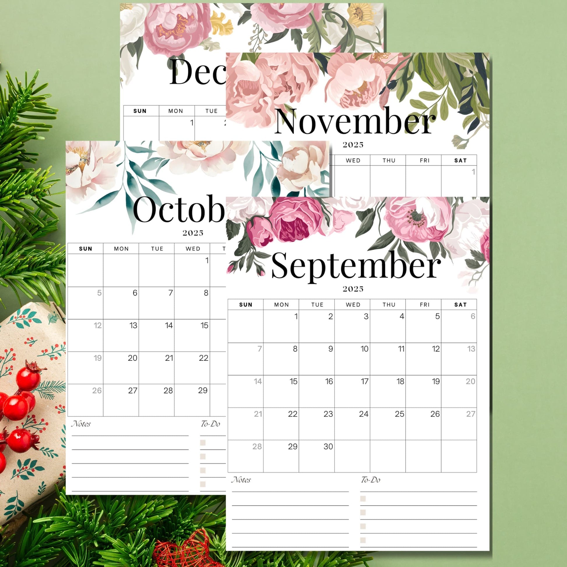 Fall and winter months of 2025 floral calendar showing September through December, featuring pink peonies and roses border design, notes and to-do sections, displayed on festive green background