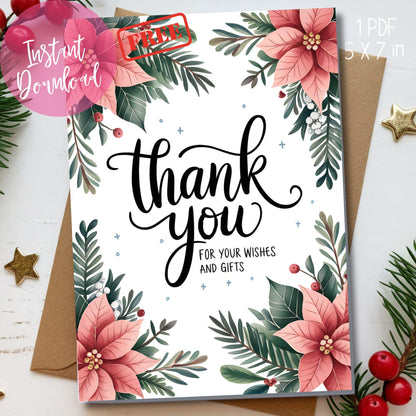 Holiday thank you card featuring watercolor poinsettias and pine branches, elegant hand-lettered message, gift acknowledgment text, displayed with kraft envelope and Christmas decorations