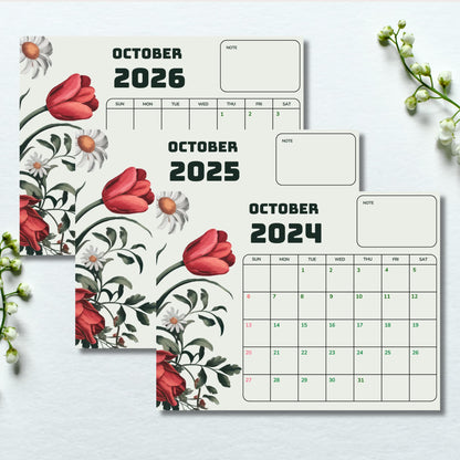 Three October calendars for 2024-2026 arranged diagonally on light background. Each features tulip and daisy illustrations, full month grid, and notes section. Small flowers visible in corner.