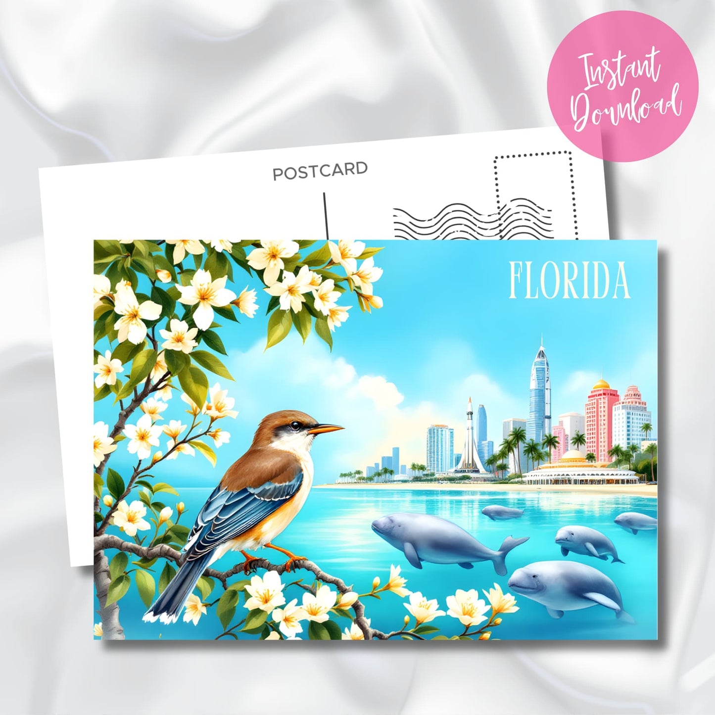 Digital download preview of Florida seaside scene with gentle manatees, detailed songbird, coastal skyscrapers, and orange blossoms framing turquoise waters with instant download badge