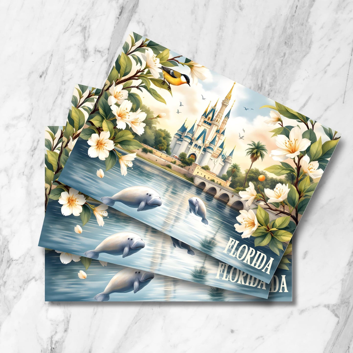 Stacked preview of Florida Magic Kingdom postcards showing fairy tale castle, swimming manatees, orange blossoms, and yellow songbird in vintage watercolor style with palm trees and reflective lagoon