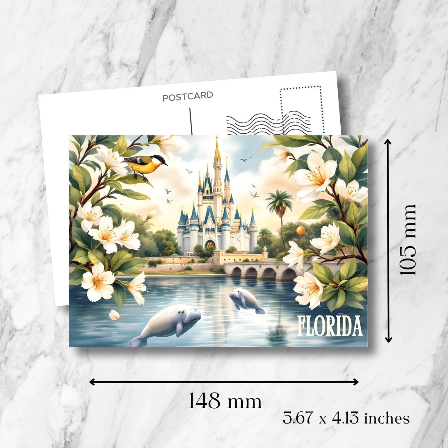 Florida castle postcard size guide (148x105mm) featuring manatees in lagoon, white castle spires, orange blossom frame, and tropical palm trees with vintage postmark template overlay